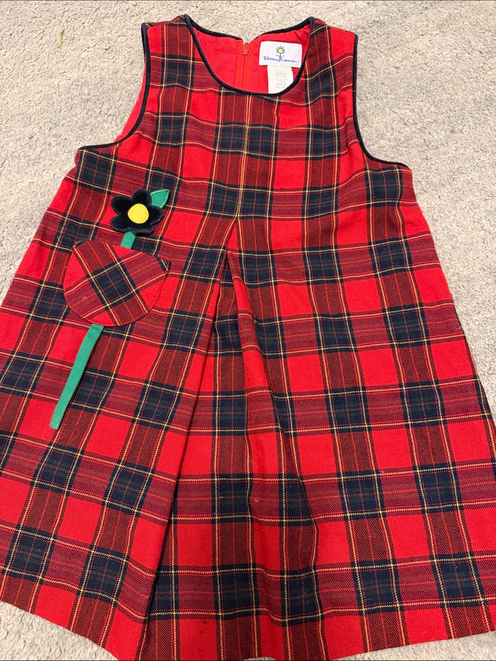 Florence Eiseman Red and Green Plaid Pinafore Dress with Flower Appliqué